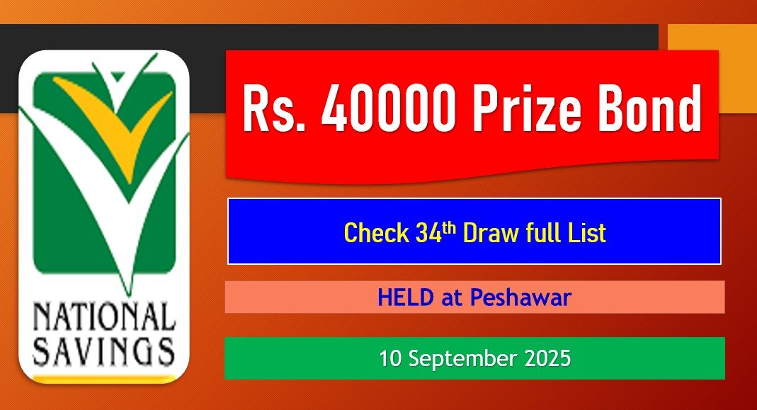 Rs. 40000 Prize Bond 10 September 2025 Result Draw No. 34 List Peshawar 1 Download Prize Bond 40000 Draw # 34 On 10-09-2025 at PESHAWAR
